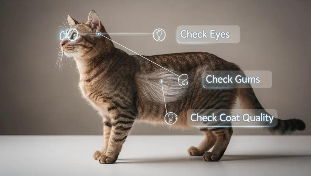 An infographic showing a cat's body with pointers to the eyes, gums, and coat as key health indicators.