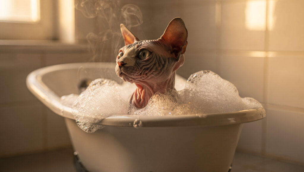 Sphynx cat bathing routine in warm water