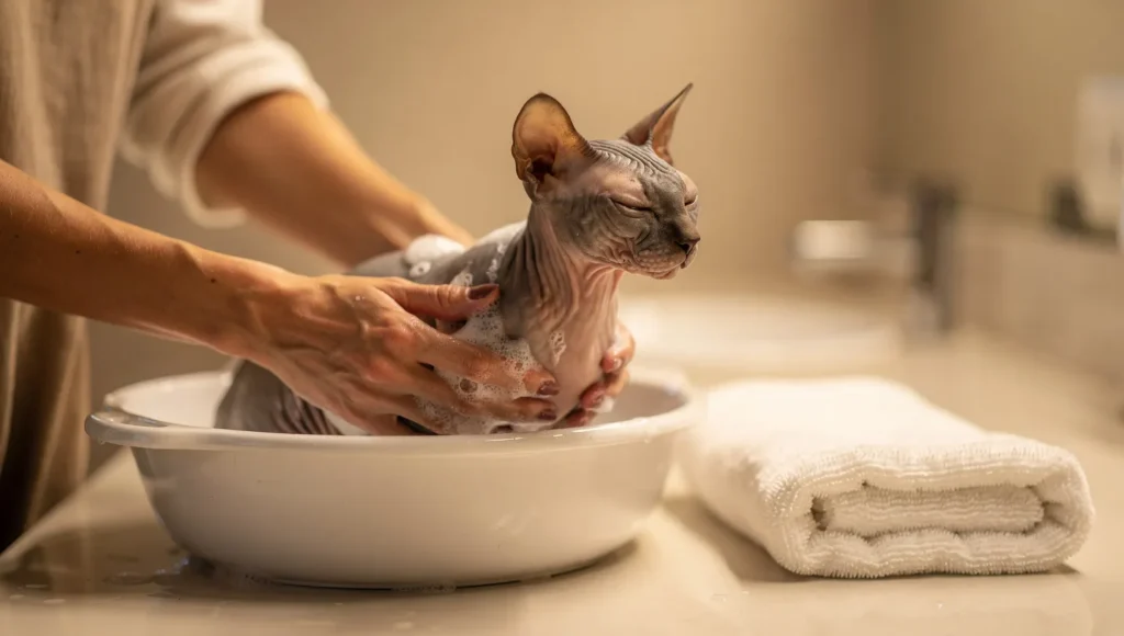 Owner bathing Sphynx cat in warm water weekly routine