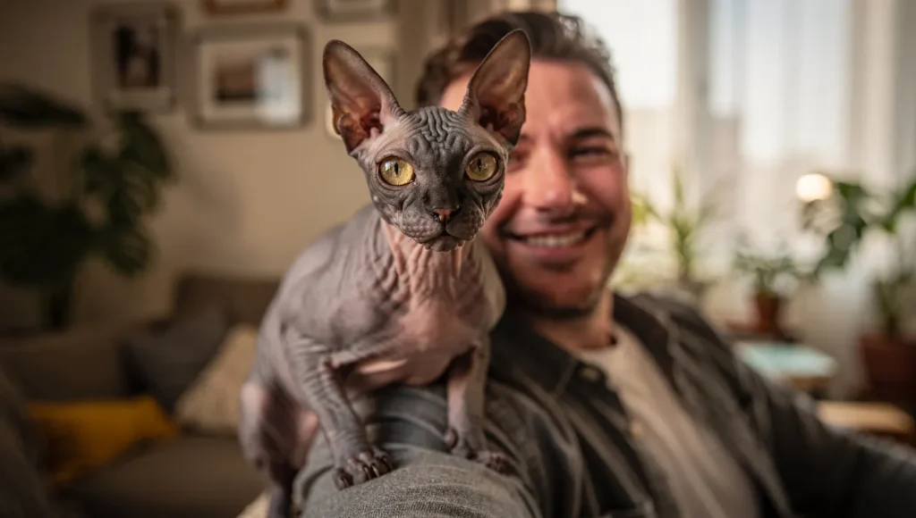 Sphynx cat sitting on owner's shoulder showing social personality
