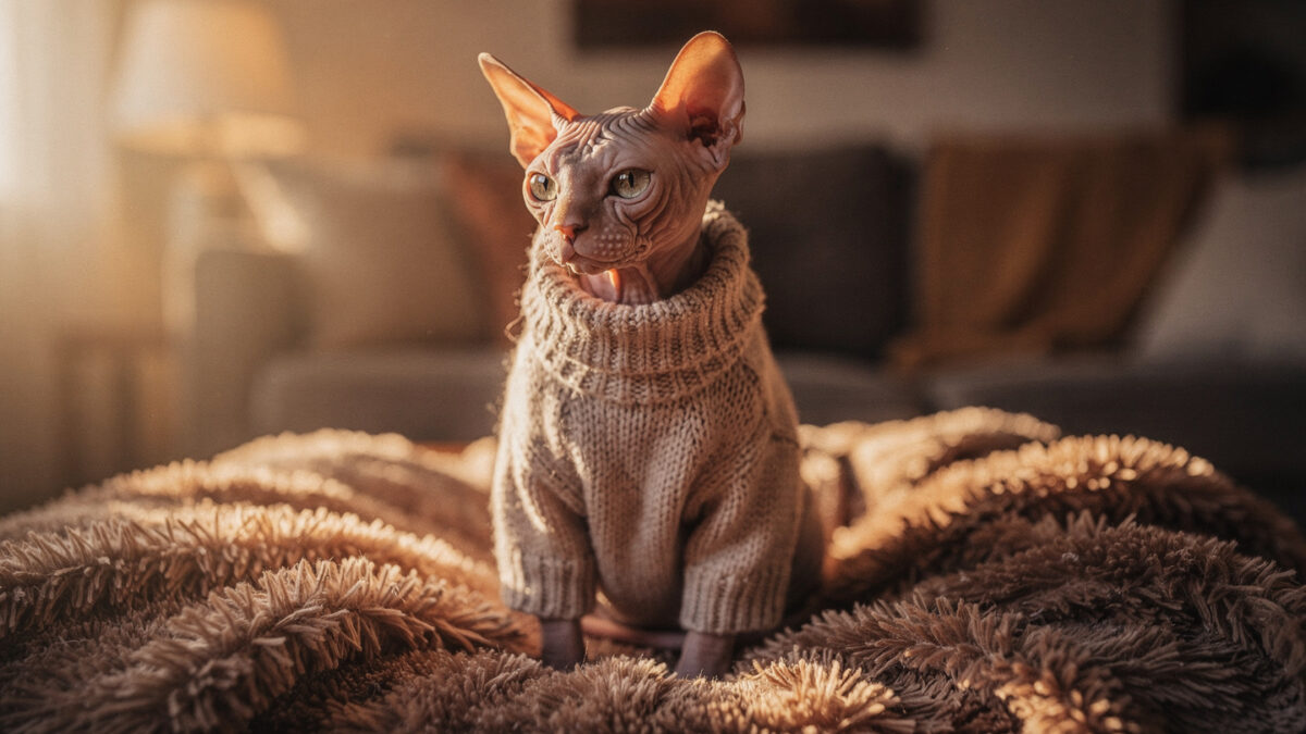 Sphynx cat wearing a cozy wool sweater