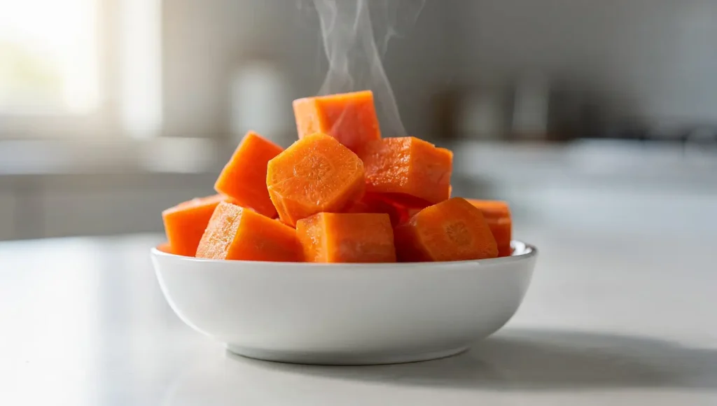 Small pieces of steamed carrots in a white bowl as a safe treat for cats