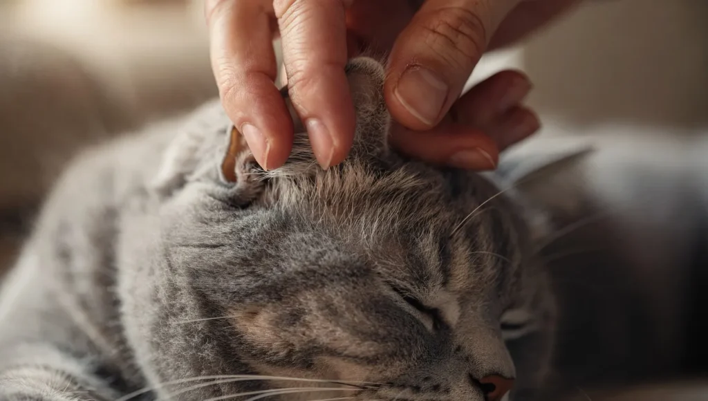 Hand massaging the base of a cat's ear.