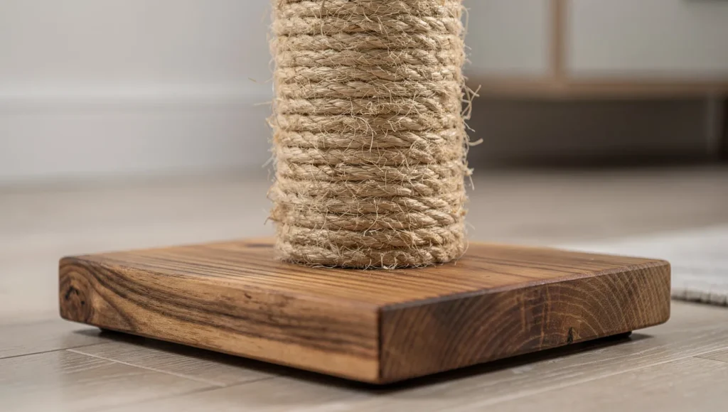 Close-up of a sturdy cat tree base made from solid wood and natural sisal rope.