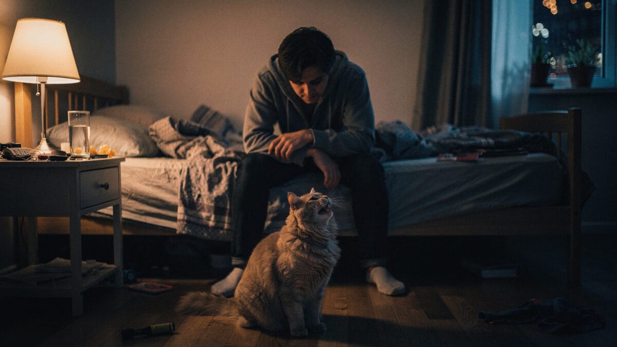 Cat meowing at night Exhausted owner sitting on bed with a cat meowing at night.