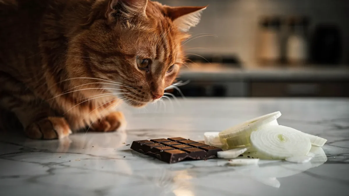 Human Foods Toxic to Cats: A curious cat looking at chocolate and onions on a kitchen counter