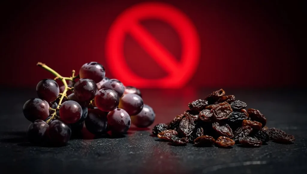 Grapes and raisins displayed as highly toxic fruits for cats.