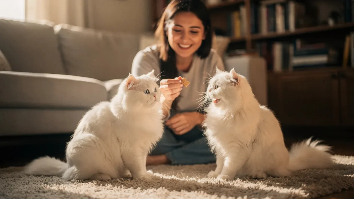 Using homemade treats for positive reinforcement and training a Persian cat.