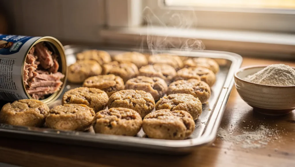 Freshly baked tuna snacks for cats on a baking sheet.