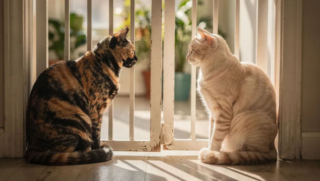 Two cats meeting through baby gate for the first time