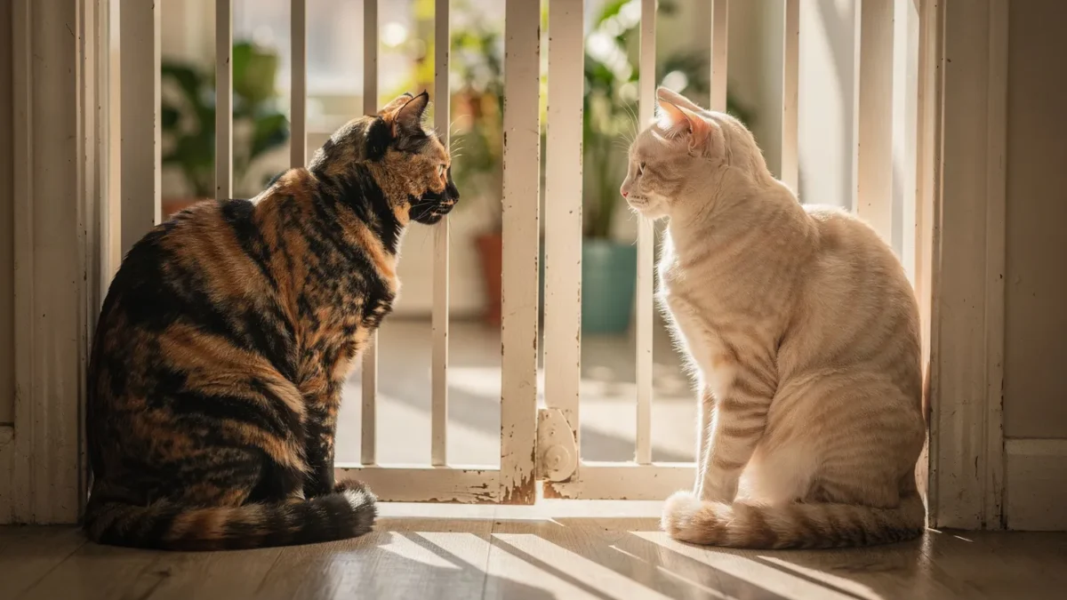 Two cats meeting through baby gate for the first time