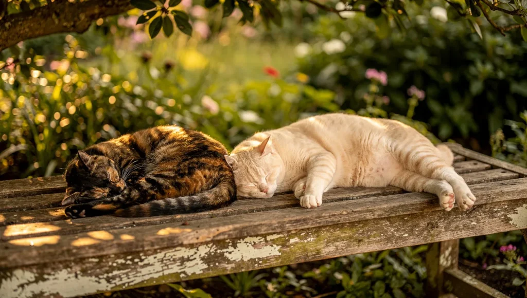 Two cats sleeping peacefully together after successful introduction