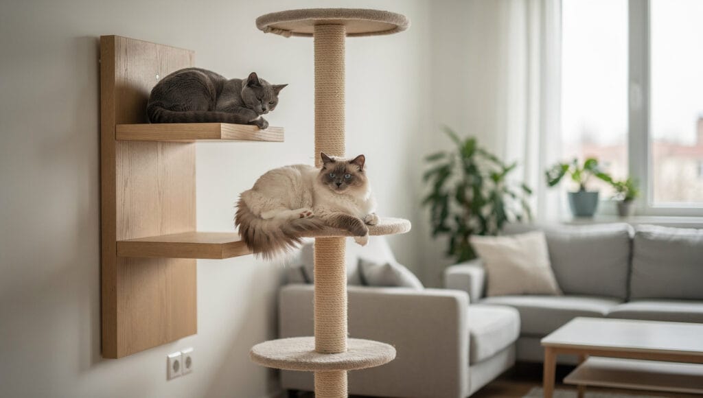 Two cats sharing vertical space on a cat tree and wall shelves.