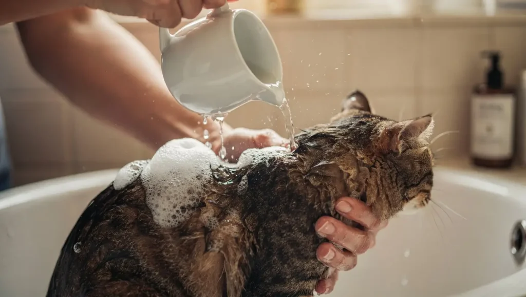 Professional technique for washing a cat safely.