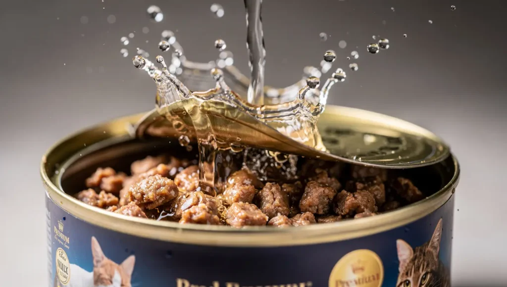 High moisture content in wet cat food for feline hydration.