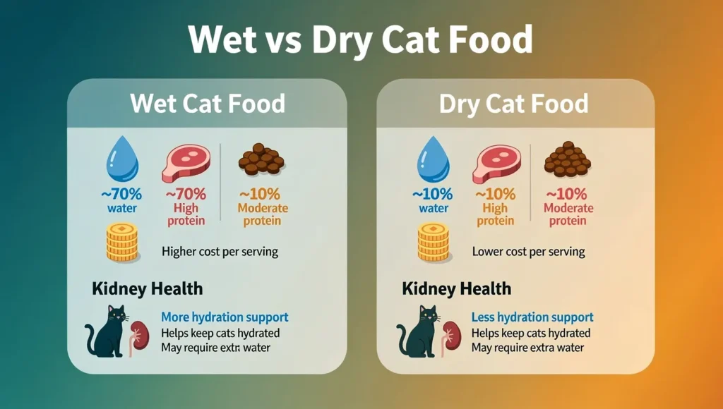 Wet vs dry cat food comparison infographic with nutrition facts