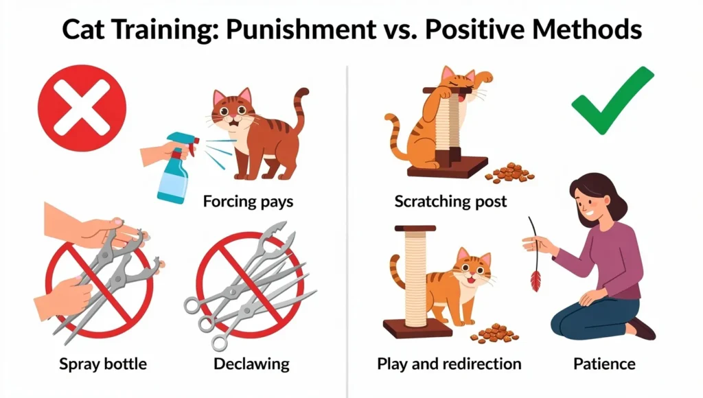 Split graphic showing incorrect punishment methods versus correct positive redirection