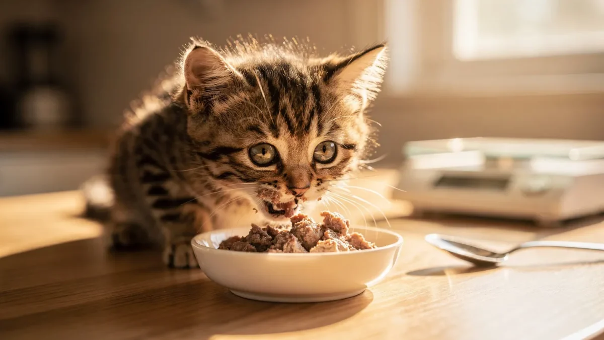 Adorable 8-week-old kitten eating wet food — exact feeding portions by age guide