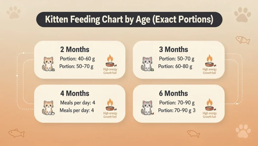 Kitten feeding chart by age showing portions calories and meals per day