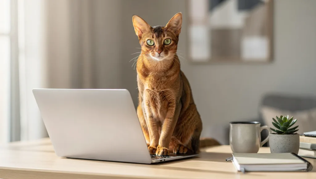 Abyssinian cat sitting on desk next to laptop supervising owner