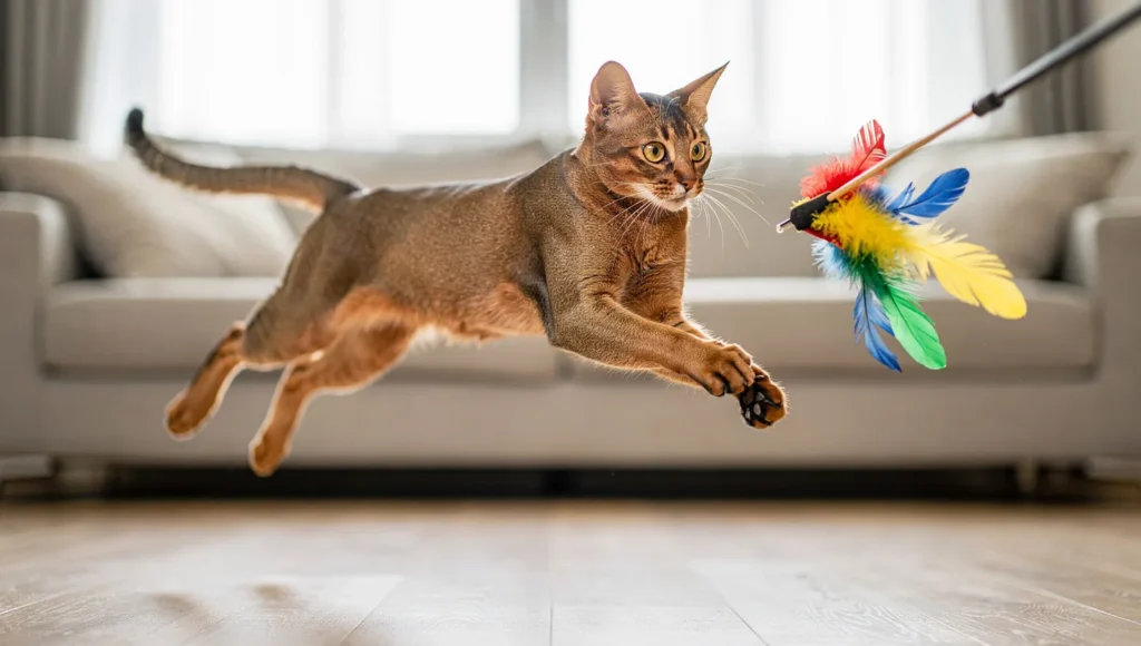 Abyssinian cat mid-jump playing with interactive feather toy
