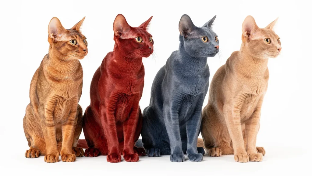 Side-by-side comparison of four Abyssinian cat coat color variations: ruddy, red, blue, and fawn