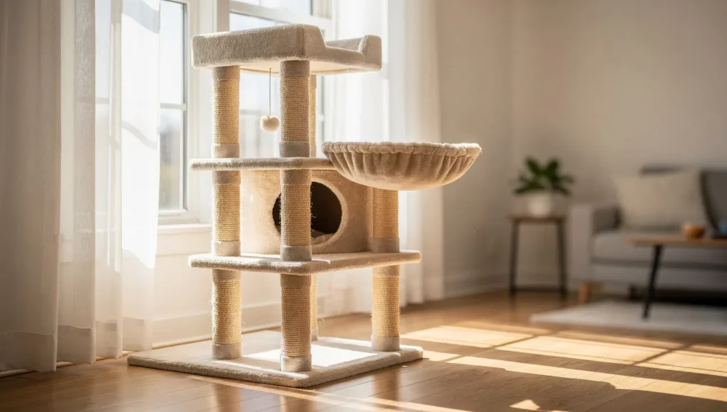 Clean cat tree air drying in sunny room near open window