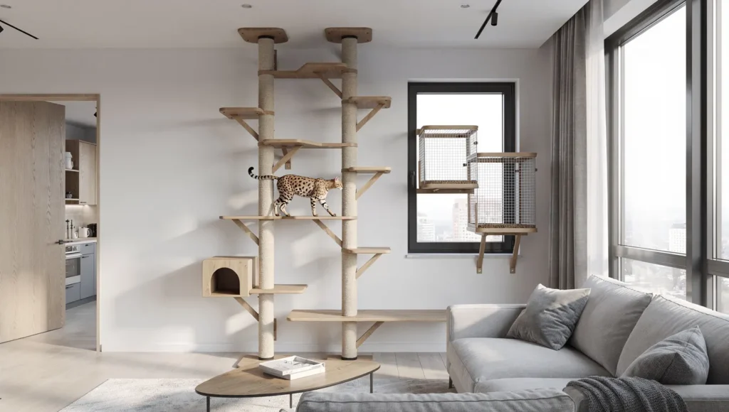 Well-designed apartment with tall cat tree wall shelves and catio demonstrating Savannah enrichment needs