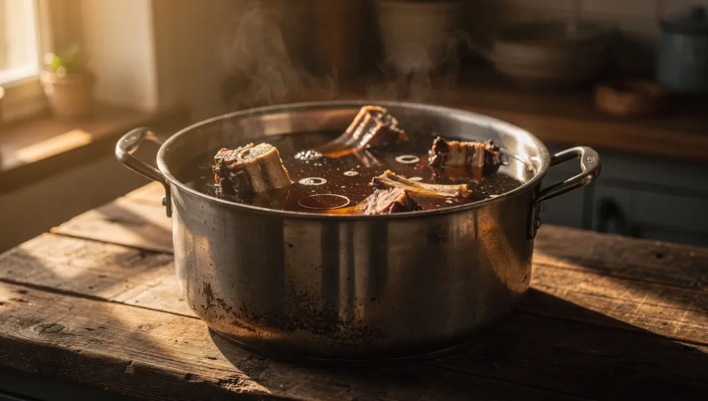 Rich beef bone broth simmering in pot with marrow bones - recipe for picky cats