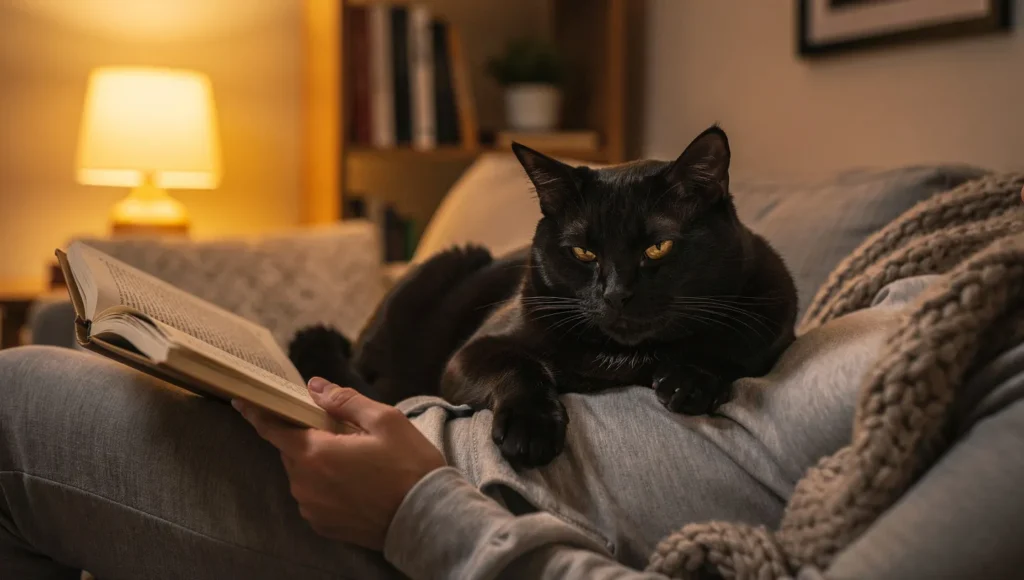 Affectionate Bombay cat resting on owner's chest in cozy living room