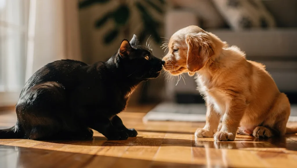 Bombay cat gently touching noses with a golden retriever puppy on hardwood floor