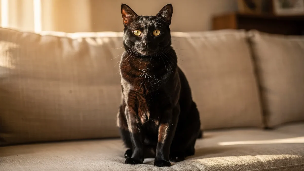 Bombay cat personality — sleek black cat with bright golden eyes sitting on a couch