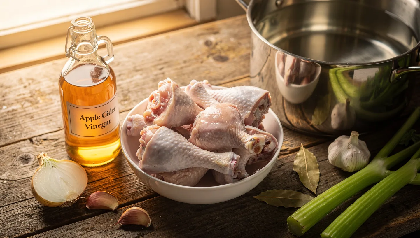 Bone Broth for Cats Recipe: Simple bone broth ingredients for cats - raw chicken bones, apple cider vinegar, and water on kitchen counter