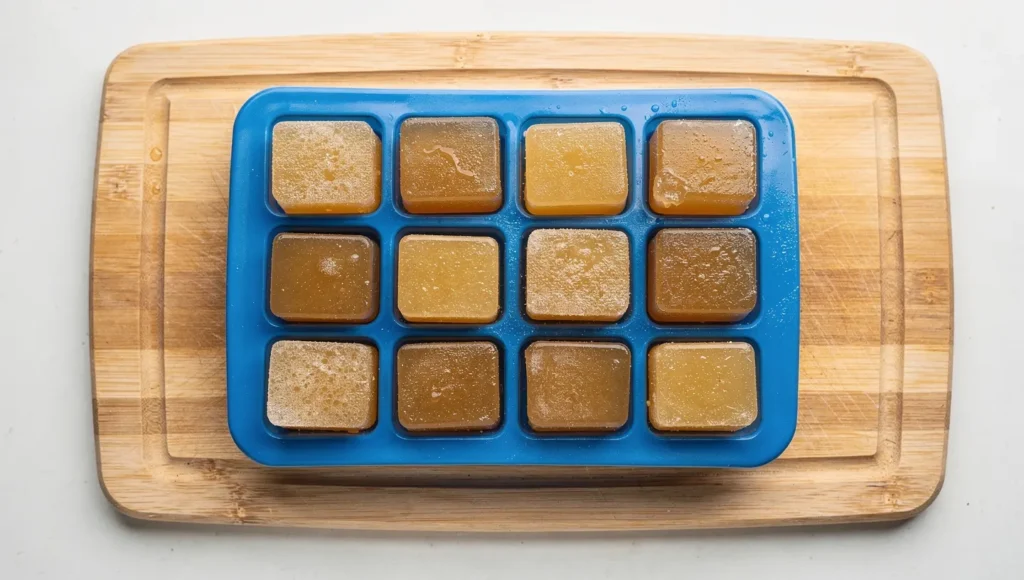 Bone broth frozen in ice cube tray for easy cat portions and storage