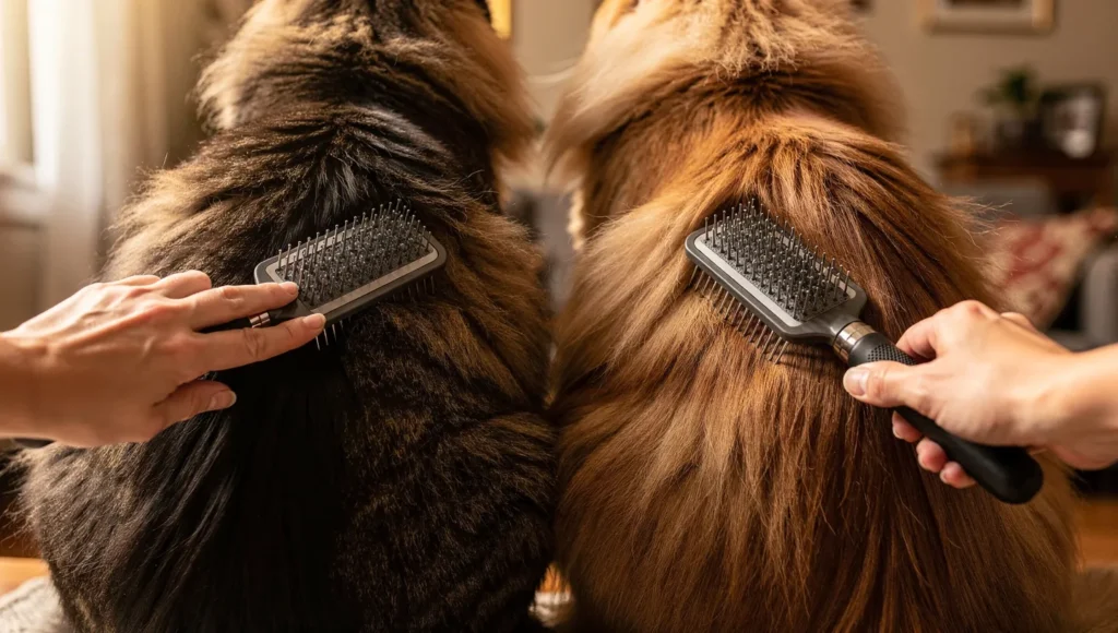 Hands brushing Norwegian Forest Cat water-resistant coat versus Maine Coon silky fur texture