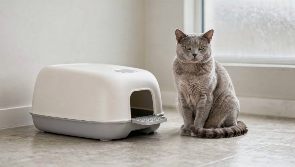 Calm cat sitting beside modern clean litter box
