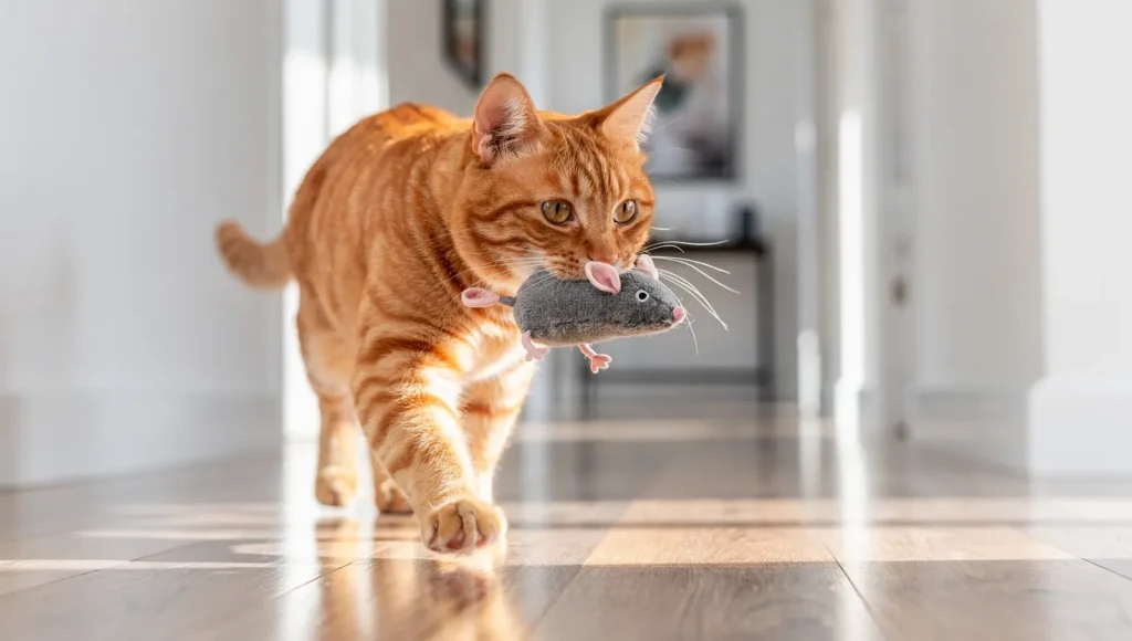 Indoor cat carrying stuffed toy down home hallway demonstrating hunting behavior