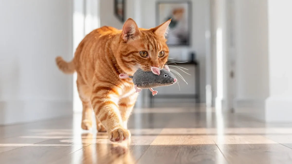 Why Do Cats Bring Gifts: Cat proudly holding toy mouse in mouth looking at owner with affection