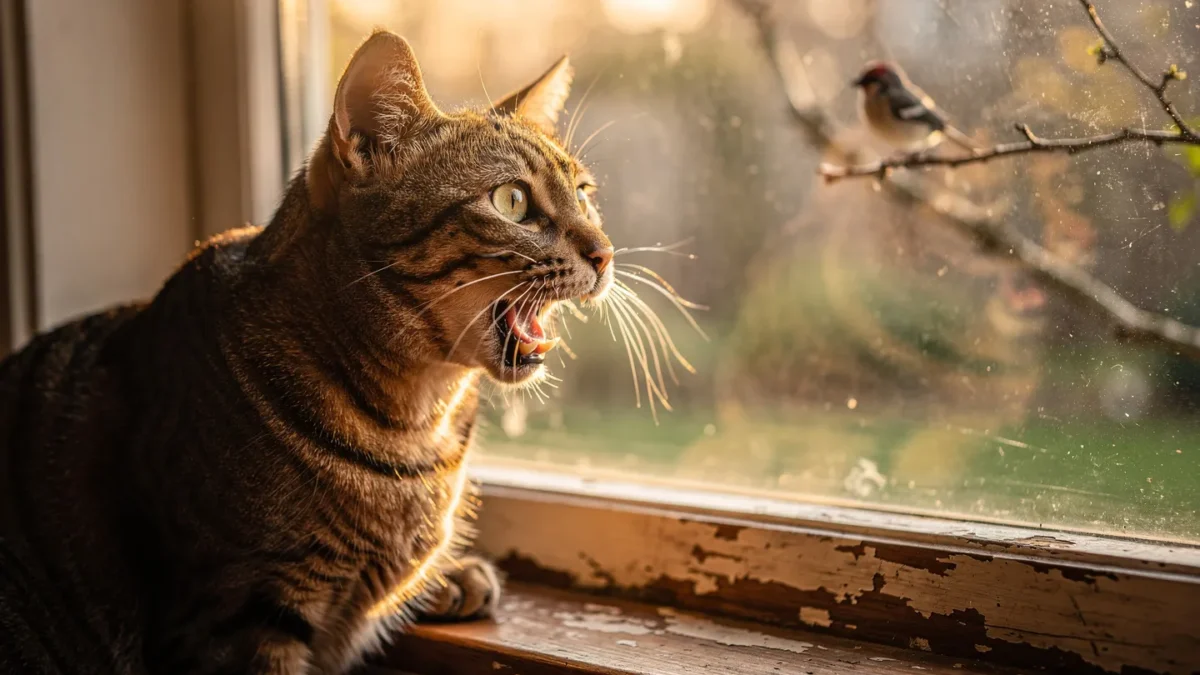 Cat Chirping Meaning: Tabby cat chirping at birds through a window