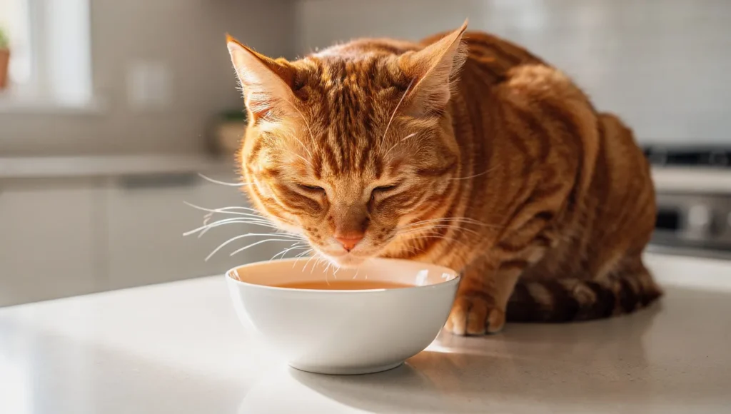 Tabby cat drinking homemade bone broth from ceramic bowl in bright kitchen
