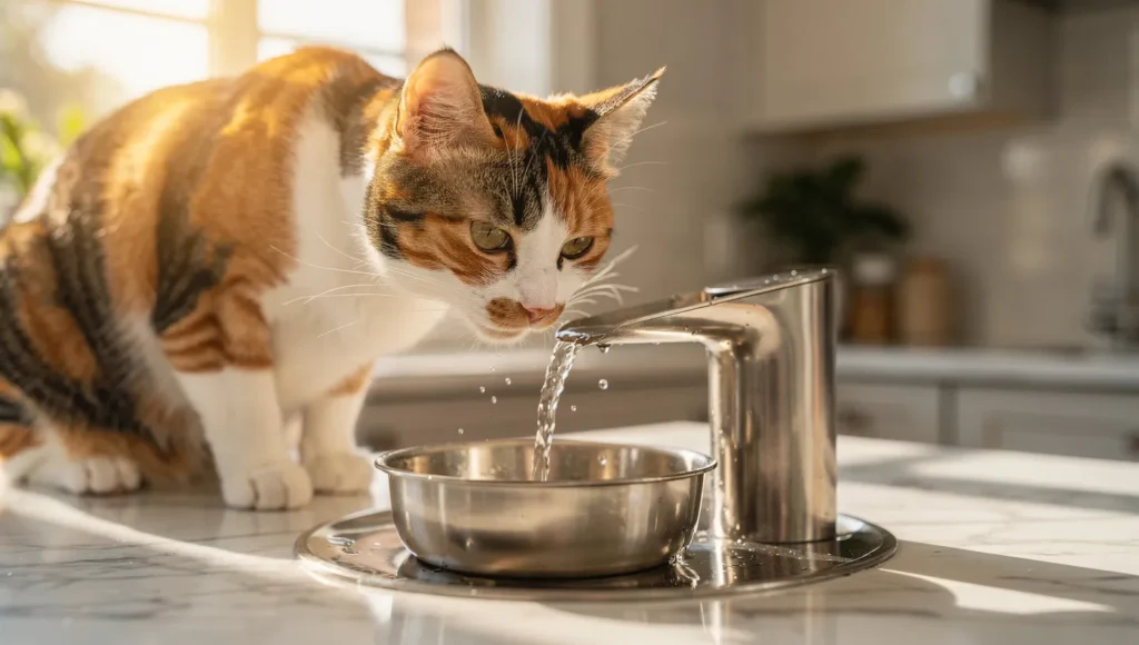Happy domestic shorthair cat drinking fresh water from flowing stainless steel pet fountain in bright kitchen