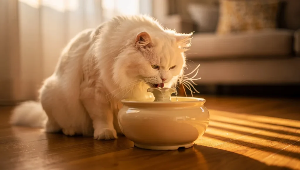 Why Does My Cat Not Drink Water? Peaceful scene of content Persian cat drinking from ceramic fountain in golden hour soft lighting