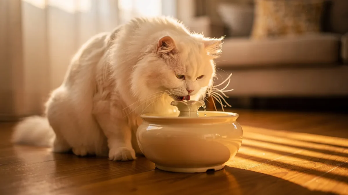 Why Does My Cat Not Drink Water? Peaceful scene of content Persian cat drinking from ceramic fountain in golden hour soft lighting