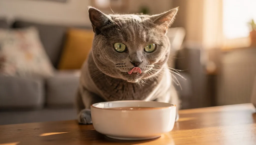 Happy gray cat licking lips next to bowl of bone broth - cat health supplement