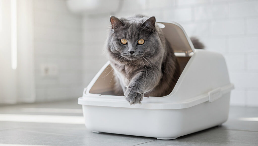 Fluffy cat exiting clean open litter box in bathroom