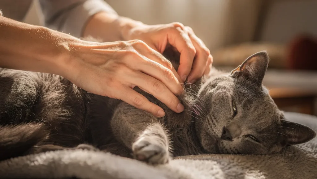 Owner gently checking cat fur for fleas
