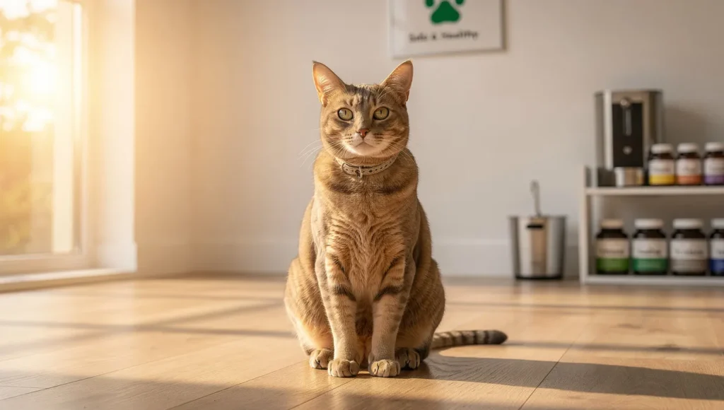 A happy healthy cat sitting next to a flea prevention kit