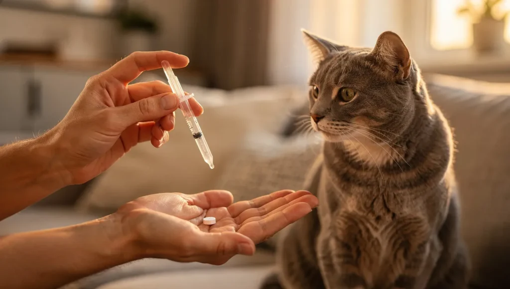 A cat owner choosing between oral and topical flea medicine