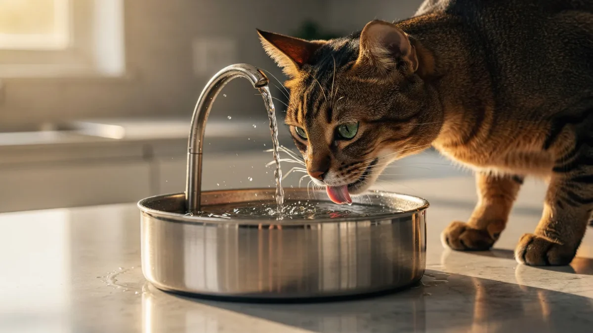 Cat Hydration: Healthy cat drinking from a stainless steel fountain