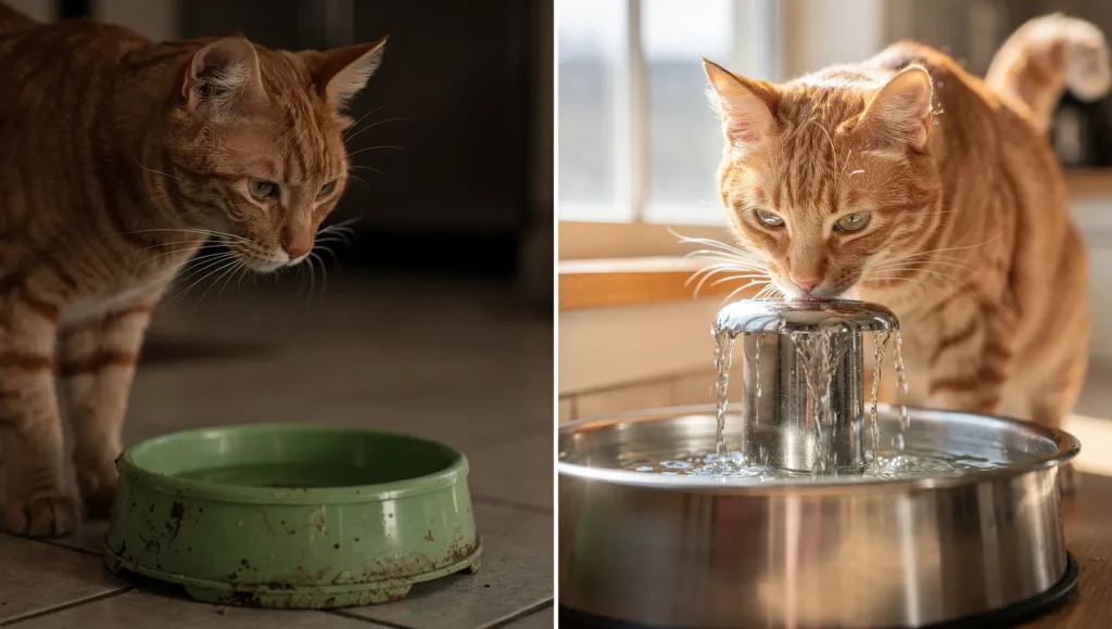 Split image showing tabby cat ignoring dirty plastic water bowl versus happily drinking from clean stainless steel fountain